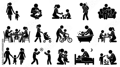 Family Activities Vector Icons: Parents and Children Caring, Playing, Learning