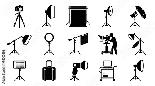 Photography Studio Equipment Icons Black and White Glyph Set