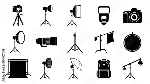 Photography Studio Equipment Icons Set. Black and White Glyph Silhouettes for Camera Gear
