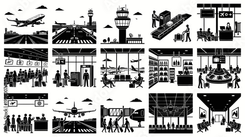 Airport Icons Set: Black and White Glyph Art for Travel and Aviation