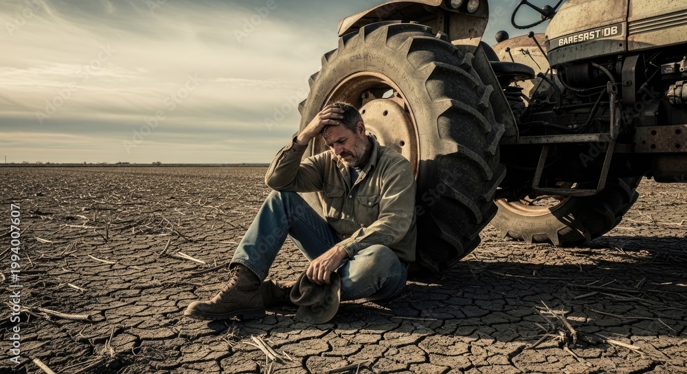 Fototapeta premium A weathered farmer sits dejectedly beside a large, old tractor. He rests his head in his hand, displaying a look of despair and exhaustion.