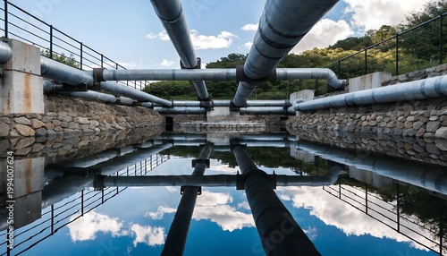A serene industrial scene featuring large metal pipes over a reflective pool of water surrounded by stone walls and a blue sky with clouds.
