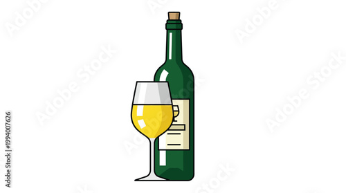 White wine bottle and glass illustration icon for restaurant menu and celebration concept isolated on white background