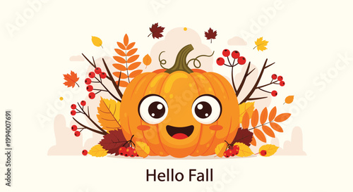 Seasonal autumn greeting with the text hello fall featuring a cute smiling pumpkin character among various colorful forest leaves.