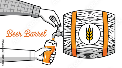Fresh draft beer pouring from wooden barrel into glass in flat line art style for brewery and pub menu design