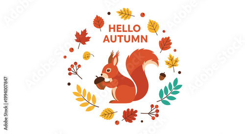 Autumn wreath illustration with a cute squirrel holding an acorn surrounded by colorful falling leaves and the text hello autumn.