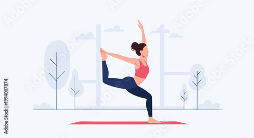 Young woman practicing the king dancer yoga pose in a peaceful outdoor park setting with minimalist tree and cloud elements.