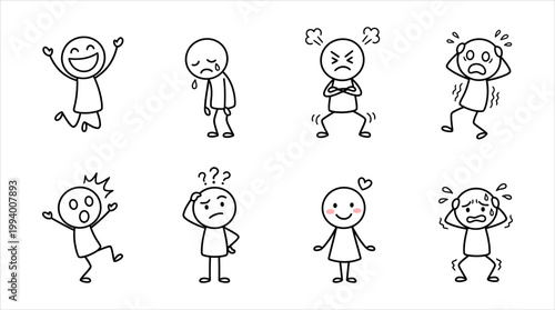 Collection of stick figure drawings depicting various human emotions and expressions