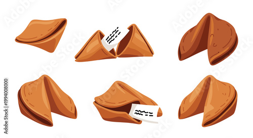 Set of six traditional fortune cookies with some cracked open to reveal paper strips containing hidden messages and luck.