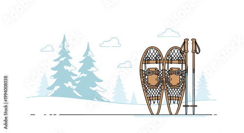 Pair of traditional wooden snowshoes and poles standing in a serene snowy winter landscape with distant pine forest trees.