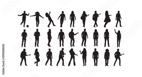 Silhouette collection of people in various poses walking standing playing music and dancing on white background for design.