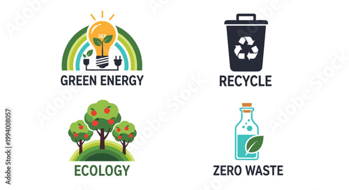 Set of four ecology icons including green energy light bulb, recycling bin, apple trees, and zero waste water bottle.