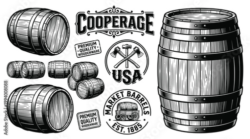 Collection of Vintage Wooden Barrels and Cooperage Logos for Brewery Wine and Distillery Branding
