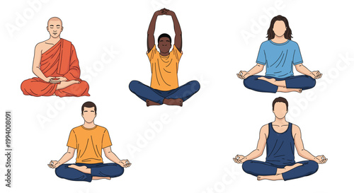 Set of five diverse people including a monk practicing meditation in various seated yoga poses for mindfulness and peace.