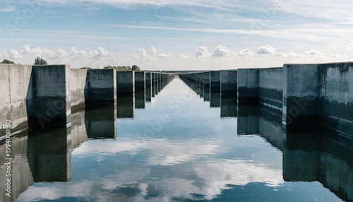 A serene and peaceful canal with still water reflecting a blue sky with white clouds