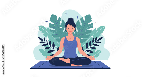 Peaceful woman meditating in the lotus position in front of large tropical green leaves for a wellness and zen concept.