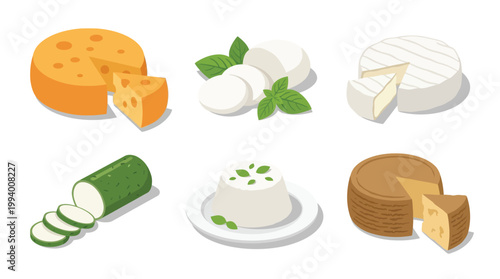 Set of Various Gourmet Cheese Types Flat Vector Illustration Isolated on White Background for Culinary Design and Food Menus