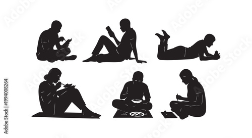 Silhouette collection of people sitting and eating on floor with plates and utensils in various relaxed poses for design.