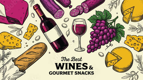 Vintage Hand Drawn Wine and Cheese Gourmet Snacks Banner with Red Grapes and Baguette Background