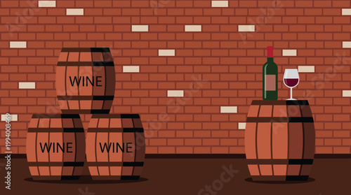 Rustic Wine Cellar Illustration with Wooden Barrels Bottle and Glass against Brick Wall Background