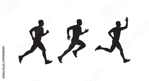 Silhouette male athletes running race track in athletic wear dynamic motion energetic sprint race finish winner celebration pose vector.
