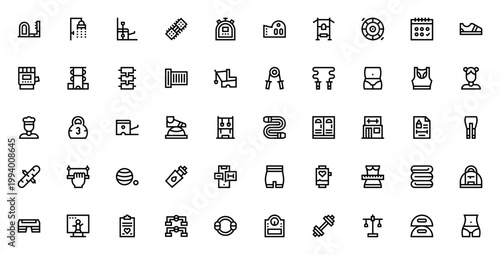 Pilates icon set. Vector fitness symbols collection. Includes ladder barrel, spine corrector, pilates ball, bosu ball, reformer, dumbbell, mat, workout gear and more. Editable stroke.