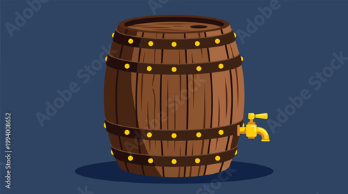 Traditional Wooden Barrel with Golden Faucet for Beverage Storage and Brewery Concepts in Flat Illustration Style