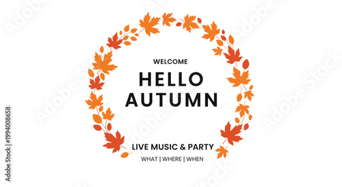 Elegant hello autumn invitation featuring a circular wreath of orange maple leaves and berries around central welcoming text.