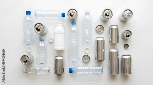 Plastic Bottles & Aluminum Cans Ready for Recycling. Sustainable Waste Management & Eco-Friendly Packaging Materials.