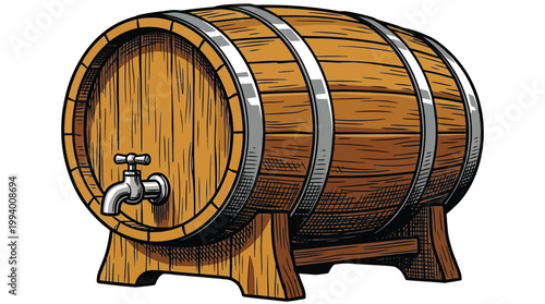 Traditional Wooden Barrel with Metal Tap and Stand Illustration for Brewery and Wine Cellar Branding