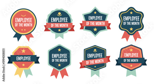 Set of eight vintage style employee of the month award badges with different geometric shapes, colorful ribbons, and stars.