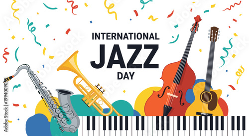 International jazz day celebration banner with various musical instruments like saxophone, trumpet, double bass, and piano keys.