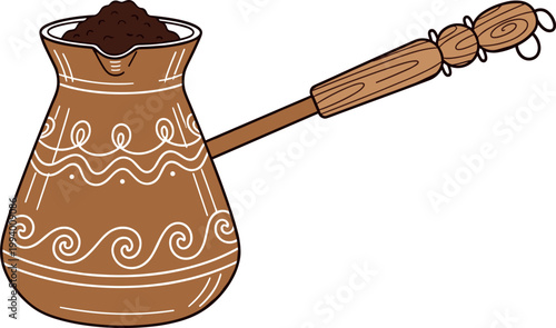 Traditional cezve coffee pot with ground coffee Turkish brewing utensil isolated illustration