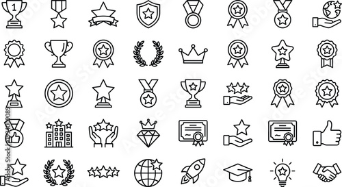 Award and Achievement Line Icon Set Featuring Trophies, Medals, Badges, Stars, Certificates, Recognition, Success, and Winner Symbols for Business and Education Design