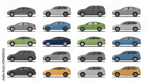 A grid displays fifteen different car illustrations showcasing various models colors and body styles against a clean white background high quality professional detailed modern elegant stylish