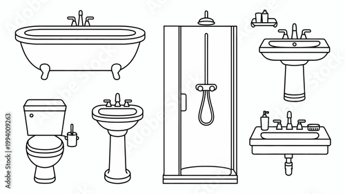 A black and white line drawing depicts various bathroom fixtures including a bathtub shower sinks and a toilet arranged neatly high quality professional detailed modern elegant