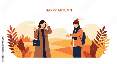Happy man and woman in warm autumn clothing meeting in a picturesque rural landscape with colorful fall foliage and hills.