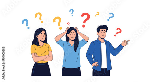 Three young people showing expressions of confusion and frustration with multiple colorful question marks floating in the air.