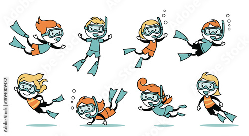 Set of eight diverse stick figure children snorkeling underwater with masks, snorkels, and fins in a fun illustrative style.