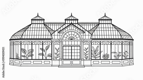 A detailed line drawing depicts a classic victorian greenhouse with a glass structure and ornate architectural features high quality professional modern elegant stylish clean crisp vibrant