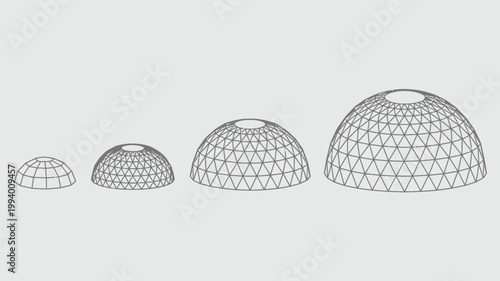 A series of four progressively larger geodesic domes are displayed against a light gray background showcasing their structural patterns high quality professional detailed modern elegant stylish