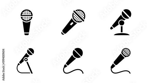 A collection of six black microphone icons are displayed showcasing varied designs and stand types for vocal or audio recording high quality professional detailed modern elegant
