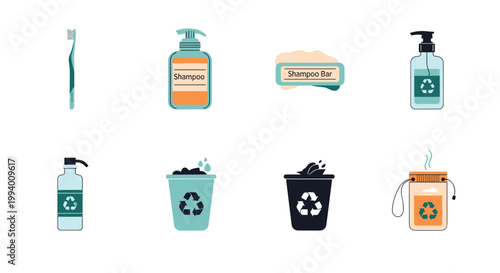 Set of eco-friendly and sustainable bathroom products including bamboo toothbrush, solid shampoo bars, and various recycling bins.