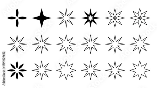 A collection of black and white star shapes of varying point counts and styles are arranged on a plain white background high quality professional detailed modern