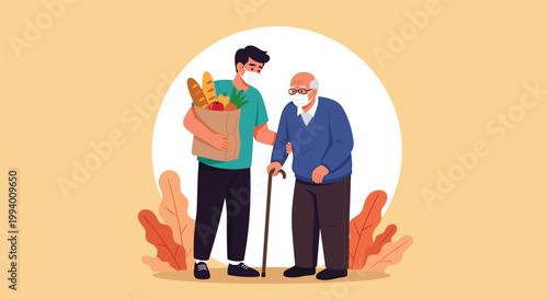 Young volunteer wearing a protective face mask while helping an elderly man carry groceries and walking together outside in the sun.