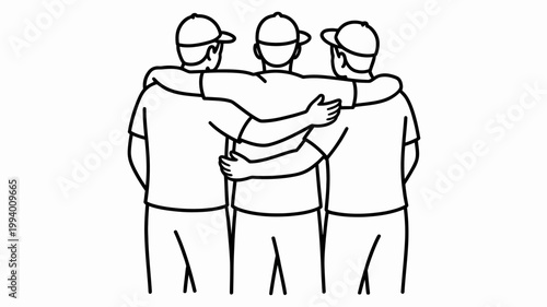 A simple black and white line drawing depicts four individuals standing closely together arms interlocked in a supportive huddle high quality professional detailed modern elegant stylish