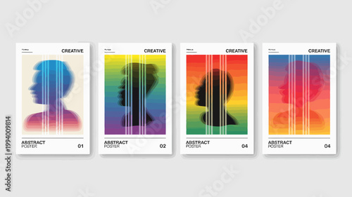 A series of four abstract posters feature colorful gradient backgrounds with silhouetted profiles of a person s face high quality professional detailed modern elegant stylish clean