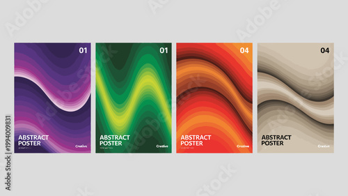 Four abstract posters are displayed each featuring a different vibrant color gradient and a wavy fluid design with numbered text high quality professional detailed modern elegant