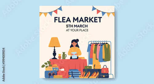 Promotional poster for a local flea market event featuring a woman at a market stall selling clothes, bags, and home accessories.