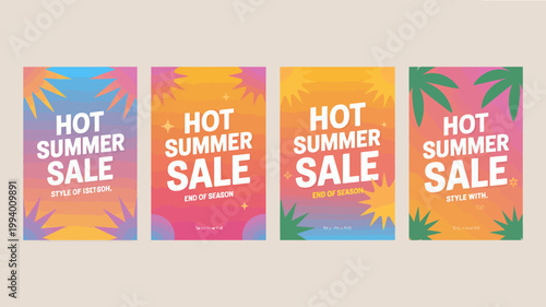 A vibrant collection of four promotional posters announces a hot summer sale with colorful gradients and tropical design elements high quality professional detailed modern elegant stylish